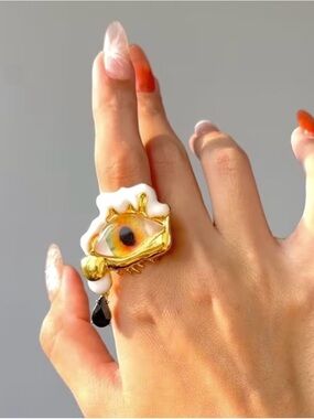 Schiaparelli Inspired Gold Eye Statement adjustable Ring